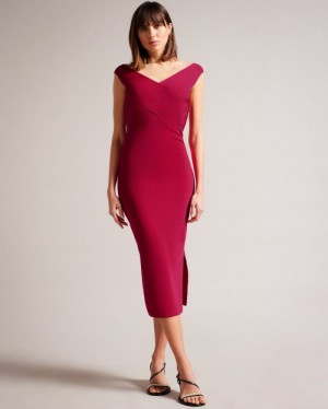 Bright Pink Ted Baker Mikella Crossover Knit Midi Bodycon Dresses | COBSMGV-29