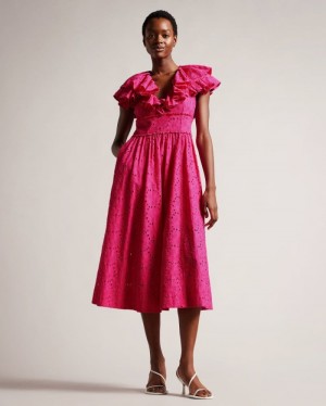 Bright Pink Ted Baker Mirza Ruffle V Neck Midi Sundress Dresses | ROAUJFS-96