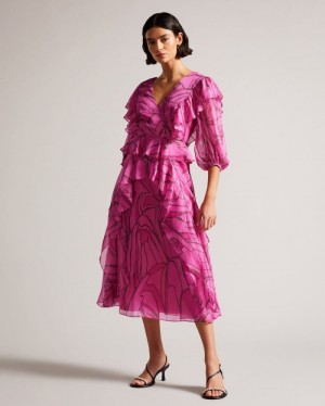 Bright Pink Ted Baker Victoir Ruffled Abstract Print Pinafore Dress Dresses | JPKONFW-48