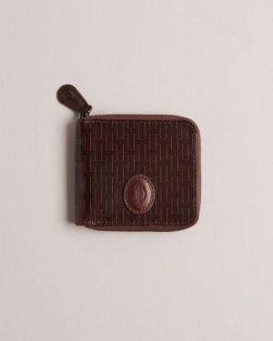 Brown-Chocolate Ted Baker Tobiat T Monogram Zip Around Wallet Wallets & Cardholders | CXVILTE-26