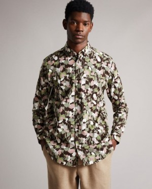 Brown Ted Baker Poplar Long Sleeve Abstract Floral Print Shirt Shirts | KHZGSXR-52