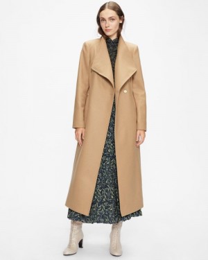 Camel Ted Baker Rosell Long Length Wool Wrap Coat Coats & Jackets | ZFMWUED-75