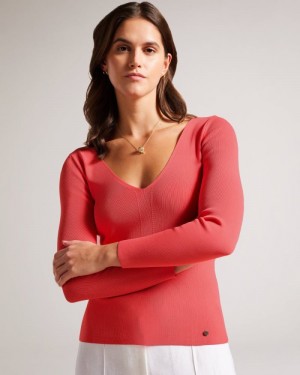 Coral Ted Baker Cileste V Neck Slim Fit Knit Top Tops & Blouses | UYBLCIO-87
