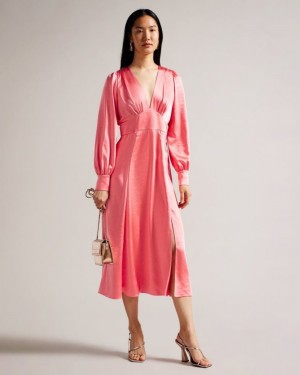 Coral Ted Baker Daniia Satin Midi Dress With Blouson Sleeve Dresses | MRKWPDL-89