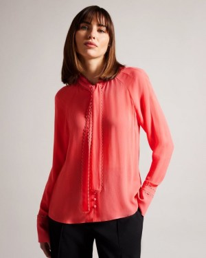 Coral Ted Baker Julinaa Blouse with Rouleaux Trim Detail Tops & Blouses | QVXUWOP-45
