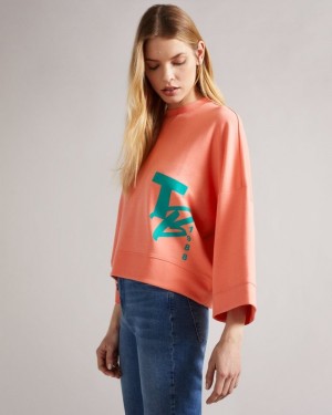 Coral Ted Baker Romana Cropped Jumper With 3/4 Sleeve Tops & Blouses | HCYILQM-69