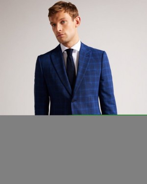 Dark Blue Ted Baker Apolloj Wool And Silk Check Suit Jacket Suits | OPFNKXC-89