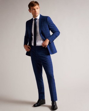 Dark Blue Ted Baker Apollot Slim Fit Wool And Silk Check Trousers Suits | WCARQBI-67