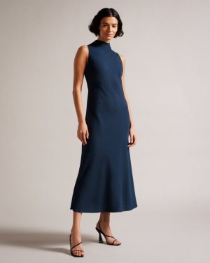 Dark Blue Ted Baker Eleanar Cowl Neck Sleeveless Midi Slip Dress Dresses | EDKCZAH-21