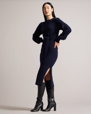 Dark Blue Ted Baker Essya Slouchy Tie Front Midi Knit Dress Dresses | CYMBZAF-40