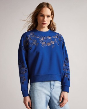 Dark Blue Ted Baker Fllo Laser Cut Sweater Tops & Blouses | LCSOAYV-05