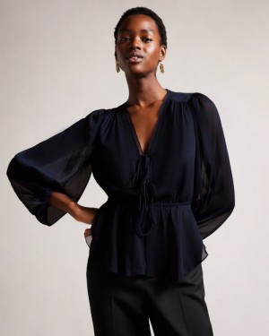 Dark Blue Ted Baker Frasiah Tie Front Blouse Tops & Blouses | ZKYOBTI-52