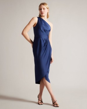 Dark Blue Ted Baker Gabie One Shoulder Drape Midi Dress Dresses | QUCTPKZ-25