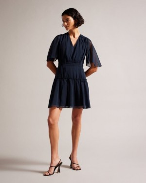 Dark Blue Ted Baker Giggie Fit And Flare Tiered Mini Dress Dresses | UWIVQPK-32