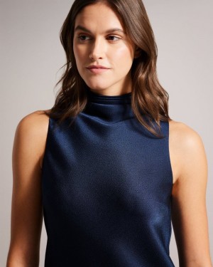 Dark Blue Ted Baker Hildri Sleeveless Satin Cowl Neck Top Tops & Blouses | ANZUCPB-16