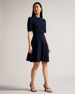 Dark Blue Ted Baker Hillder Delicate Pointelle Knit Dress Dresses | OCJWYFT-90