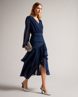 Dark Blue Ted Baker Kiali Tiered Midi Dress With Ruched Waist Dresses | MOZVDCB-53