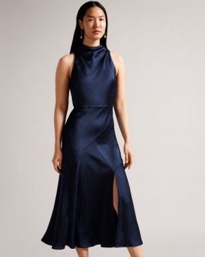 Dark Blue Ted Baker Lilymay Cowl Neck Bias Cut Midi Dress Dresses | FEUBGCO-84