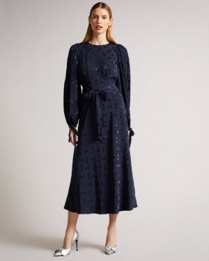 Dark Blue Ted Baker Livela Spot Jacquard Midaxi Dress Dresses | RPSDQBL-05