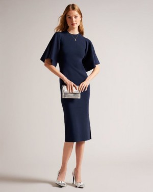 Dark Blue Ted Baker Lounia Fluted Sleeve Knitted Bodycon Midi Dress Dresses | DLIQYME-95