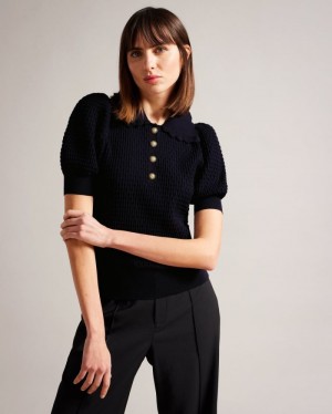 Dark Blue Ted Baker Reannia Polo Knit Top With Embellished Buttons Tops & Blouses | NBPDIMK-09