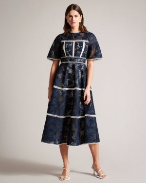 Dark Blue Ted Baker Rubiely Midi Fit And Flare Lace Dress Dresses | CNXYVSI-21