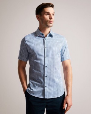 Dark Blue Ted Baker Strisho Short Sleeve Geometric Print Shirt Shirts | WGHFMNV-81