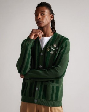Dark Green Ted Baker Hawkins MIB Mock Rib Plated Cardigan Jumpers & Knitwear | DVTBZWE-93