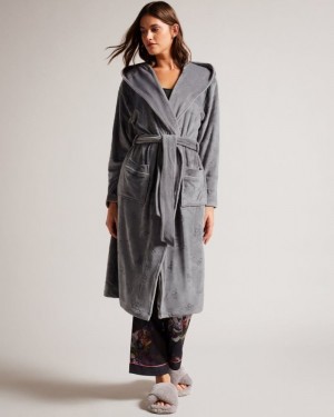Dark Grey Ted Baker Slepsil Long Plush Hooded Dressing Gown Lingerie & Pyjamas | OYESJCD-52