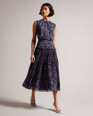 Dark Navy Ted Baker Coraal Heart Print Sleeveless Midi Dress Dresses | YVDMWPH-23