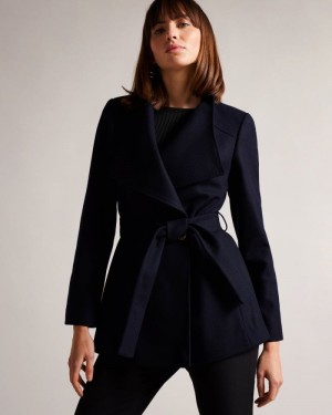 Dark Navy Ted Baker Rytaa SHORT WOOL WRAP COAT Coats & Jackets | TUGLZFY-65