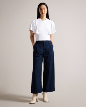 Dark Navy Ted Baker Steviey Wide Leg Tailored Trousers Trousers & Shorts | UGYABZL-49
