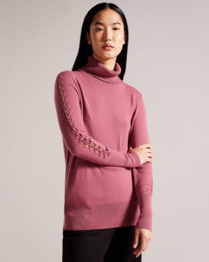 Deep Purple Ted Baker Maevia Roll Neck Jumper With Stitch Insert Jumpers & Cardigans | QYKVSWJ-01