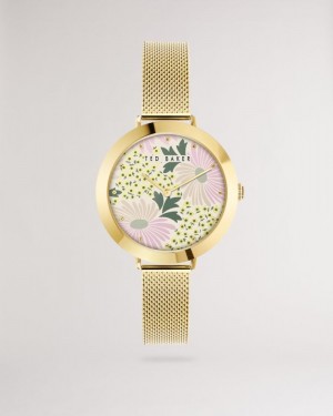 Gold Colour Ted Baker Lesedia Daisy Print Watch With Mesh Band Watches | LMOSFYQ-26