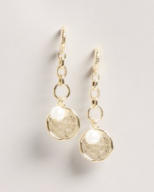 Gold Colour Ted Baker Peacce Pearly Chain Drop Earrings Jewellery | VYFRDNB-67