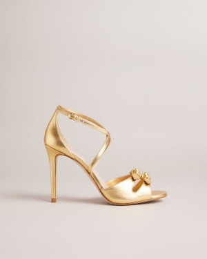 Gold Ted Baker Bicci Leather Bow Heeled Sandals Heels | YJBGXMR-62