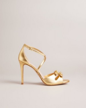 Gold Ted Baker Bicci Leather Bow Heeled Sandals Heels | PRKGIFW-73