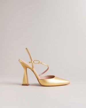 Gold Ted Baker Coriana Geometric Heel Pointed Court Shoes Heels | WTKRVDN-14