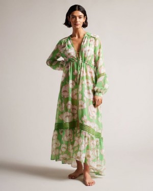 Green Ted Baker Elisiia High Low Poppy Print Cover Up Swimwear & Beachwear | VNQJIWH-68