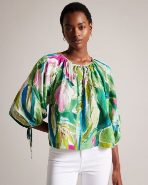 Green Ted Baker Karisah Raglan Puff Sleeve Blouse Tops & Blouses | RUCZQXO-98