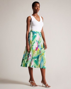 Green Ted Baker Lopehz Painted Floral Pleated Midi Skirt Skirts | FUNVCTK-59