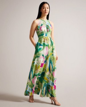 Green Ted Baker Rachily Halterneck Jumpsuit With Wrap Bodice Detail Trousers & Shorts | WBSCXTR-45
