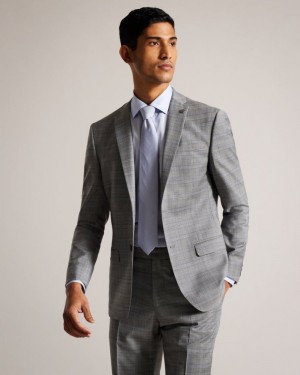 Grey Ted Baker Elgoljs Wool Blend Check Jacket Suits | XYRWZOU-58