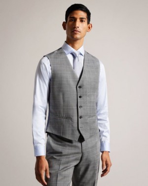 Grey Ted Baker Elgolw Wool Blend Check Waistcoat Suits | NQDFGBP-76