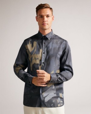 Grey Ted Baker Mordun Long Sleeve Abstract Butterfly Print Shirt Shirts | AXCZMHK-51