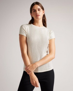 Ivory Ted Baker Catrino Metallic Fitted T Shirt Tops & Blouses | FIGTZNM-07