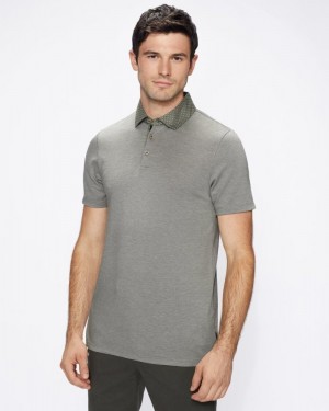 Khaki Ted Baker Frend Short Sleeve Woven Collar Polo Tops | IYNFTAZ-50