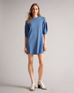 Light Blue Ted Baker Feyah Full Needle Puff Sleeve Dress Dresses | EKDQHFO-09