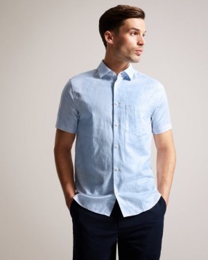 Light Blue Ted Baker Kingfrd Short Sleeve Linen Shirt Shirts | ZWDKXHQ-75