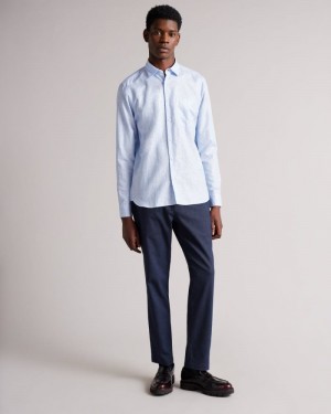 Light Blue Ted Baker Remark Long Sleeve Linen Shirt Shirts | GZPOVHW-72